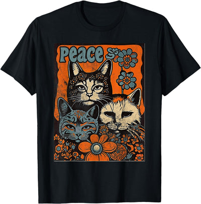 Cat Funny 60s 70s Hippie Vintage Flowers Groovy Psychedelic Men Women T-Shirt