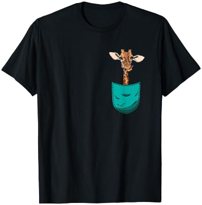 Pocket Giraffe T-Shirt - Black, Unisex-Adults, Small, Short Sleeve, Classic Fit, Modern Style, Animal Pattern, Crew Neck, Straight Hemline