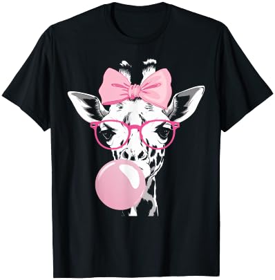 Giraffe Wearing Glasses and Blowing Pink Bubble Gum T-Shirt