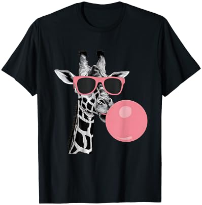 Funny Cool Giraffe Pink Bubble Gum and Pink Sunglasses Cute T-Shirt