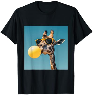 Giraffe chewing Yellow gum and Wearing sunglasses T-Shirt