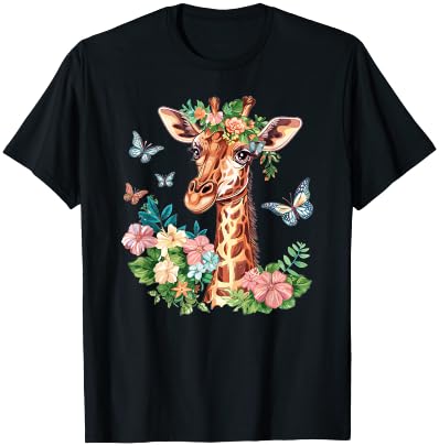 Cute Giraffe With Flowers I Kids Giraffe T-Shirt