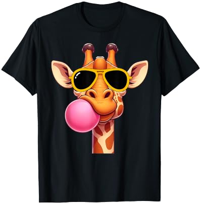 Giraffe cute Giraffe with pink Bubble Gum and Sunglasses T-Shirt