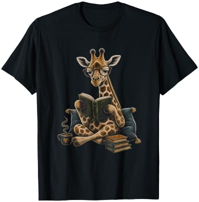 Giraffe Reading Book Graphic Artwork Design T-Shirt