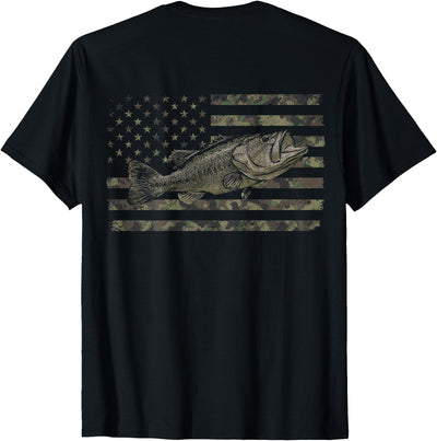 Fishing American Flag Camo Bass Fish (Design on Back) T-Shirt