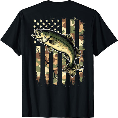 USA Flag Camo Bass Fish Fishing (on Back) Camouflage USA American Flag Fisherman T-Shirt