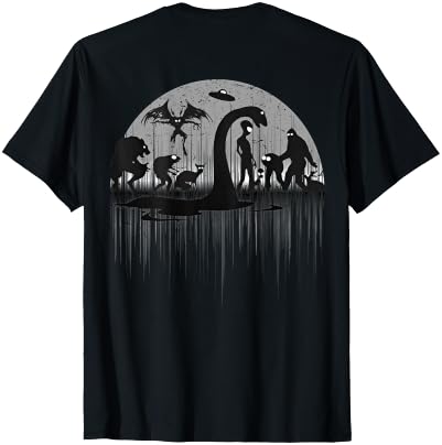 Cryptids Dibble Dabble Designs Design on back Loch Ness Bigfoot Mothman Alien Funny Cryptid T-Shirt - size chart