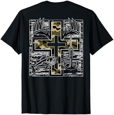 Camo Cross Fishing Faith Christian 2 Sided Hunting Fishing Cross Camo Faith Christian Fisherman Hunter T-Shirt - size chart