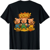 Three Hero Pigs Storytime Legends Bad Wolf in personalized costume 3 Pigs on the back T-Shirt - size chart