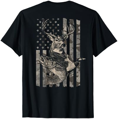 Fishing and Hunting Outdoors Designs Hunting and Fishing American Flag (Design on Front and Back) T-Shirt - size chart