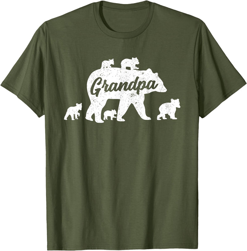 Matching Bear Family Apparel Vintage Grandpa Bear with 5 Cub Father's Day T-Shirt - Olive Green