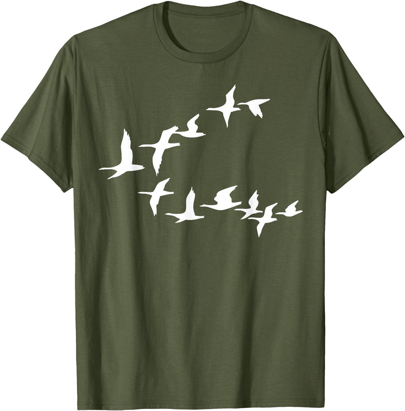 Marron Bear Birds In Flight, V Pattern Flock Of Geese T-Shirt - Olive Green