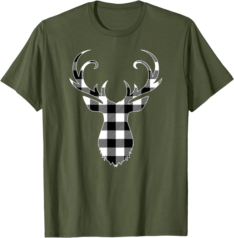 Buffalo Plaid Deer Clothing Co. by AAM Black & White Classic Christmas Buffalo Plaid Deer Head T-Shirt - Olive Green