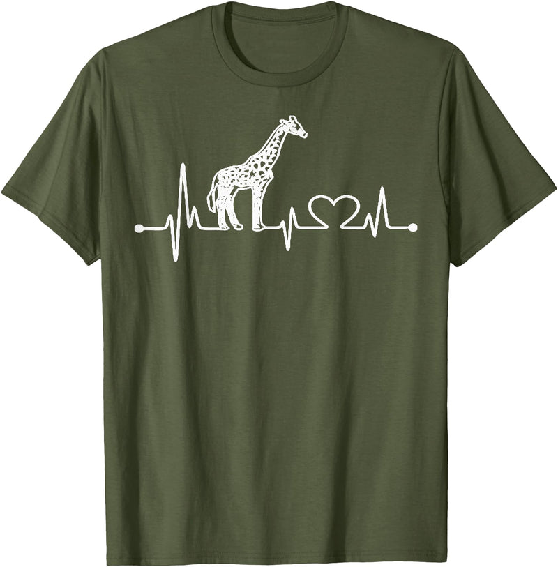 Funny Giraffe Lovers Zoo Animal Apparel Gifts Giraffe Heartbeat Love Line Cute Graphic wildlife Silhouette T-Shirt - Olive Green