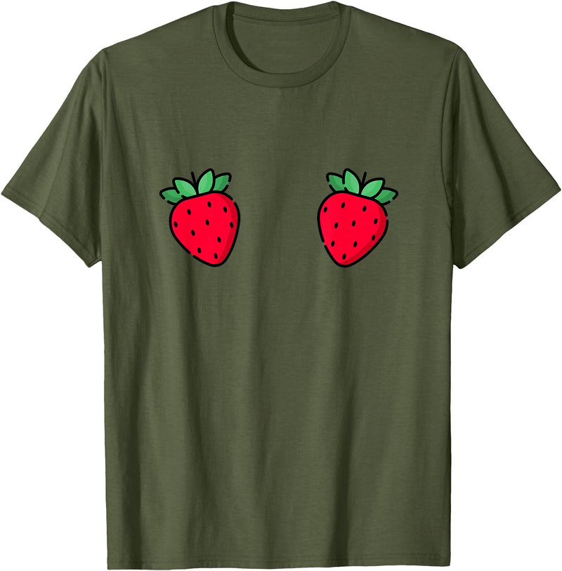 Fruit Boobs Co Strawberry Fruit Boobs Funny Summer Food T-Shirt - Olive Green