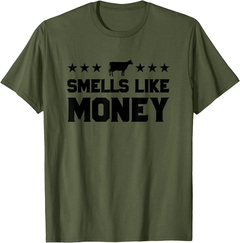 Calf to Cow Farming Apparel Smells Like Money Retro 90s Dairy Farm Gift Shirt T-Shirt - Olive Green
