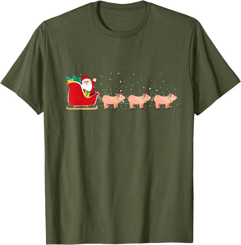 Funny Christmas Sleigh Animal Gifts Pig Santa Christmas Sleigh - Funny Pig Xmas T-Shirt - Olive Green