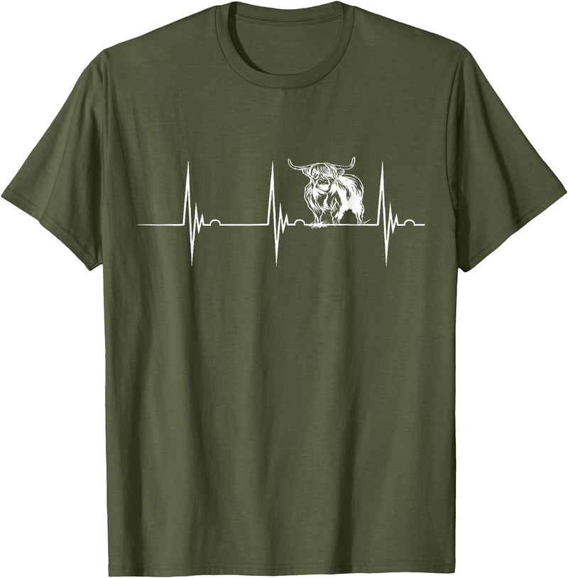 Loveable Highland Cows Hairy Coos Scottish Highland Cow Heartbeat EKG Pulse Highlander Cow T-Shirt - Olive Green