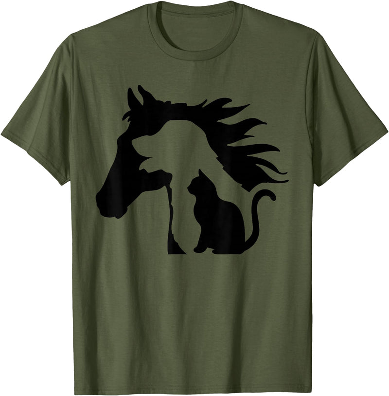 Horse Dog Cat Silhouette Apparel Horse Dog Cat Silhouette Animal Lover for Farmer T-Shirt - Olive Green