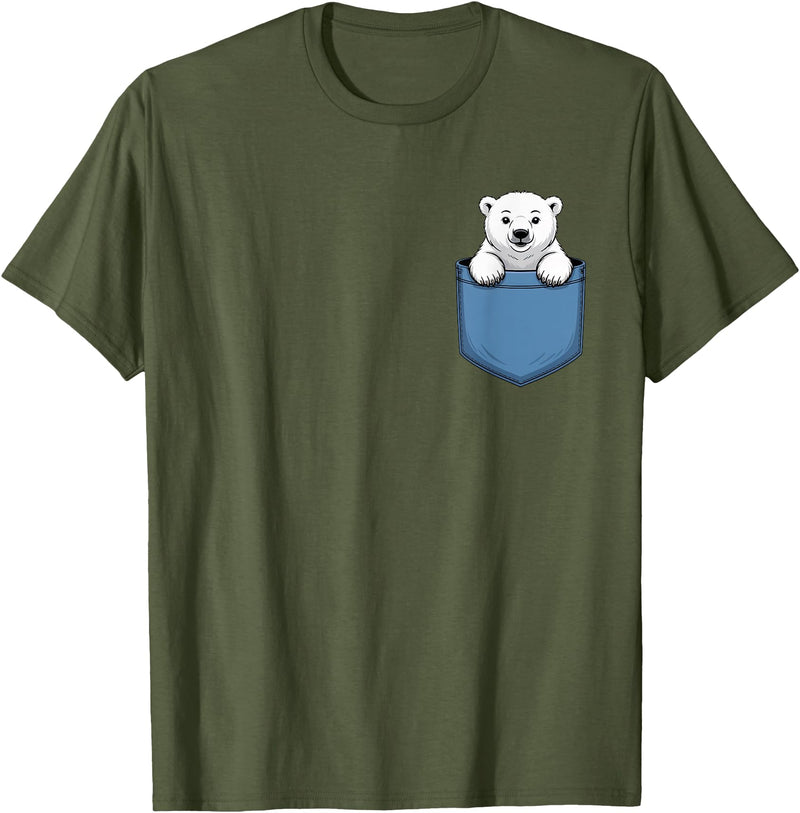 Funny Polar Bear in Pocket for Polar Bear Lover Cute Pocket Polar Bear Lovers T-Shirt - Olive Green