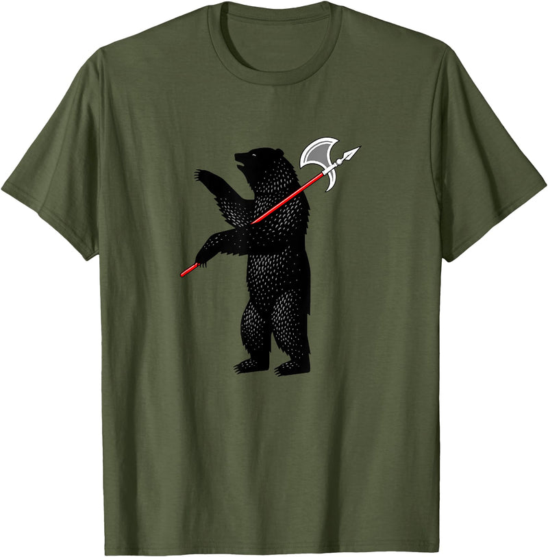 RealCoolShirts AWESOME AXE BEAR - Yaroslavl Russia Flag Halberd Bear Shirt T-Shirt - Olive Green