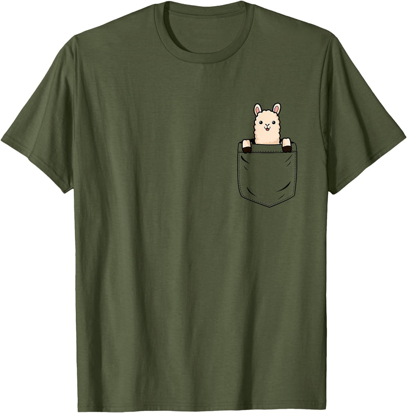 Llama Lover Designs by T&T Llama Lovers Cute Funny Llama in Pocket T-Shirt - Olive Green