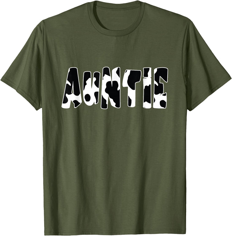 funny saying Gifts for Family Members and more Auntie Cow Print Cow Pattern T-Shirt, Black - Olive Green