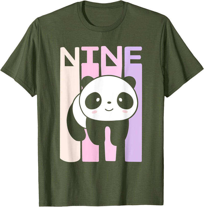 Kids 9 Year Old Cute Panda Bear Birthday Decoration Party T-Shirt - Olive Green