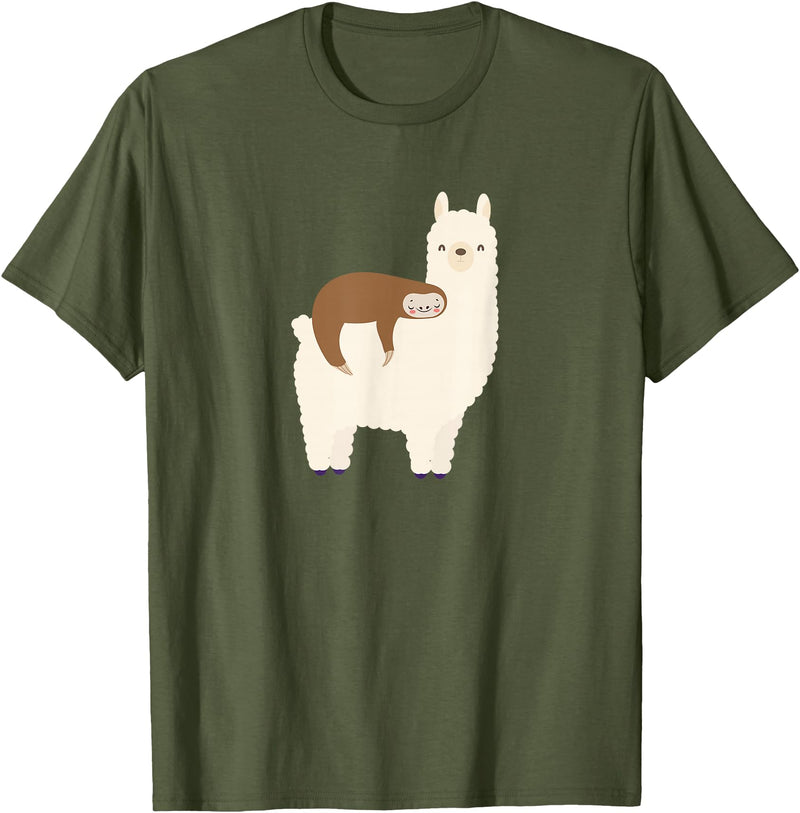 Unique Animal Lover Apparel Decor & Gifts Outlet Sloth Riding Llama Funny Graphic for Women for Girls T-Shirt - Olive Green