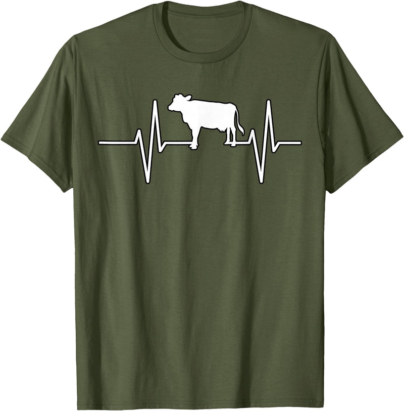 Animal Funny Farmer Farmers Gift Cow Cattle Beef Heartbeat Funny T-Shirt - Olive Green