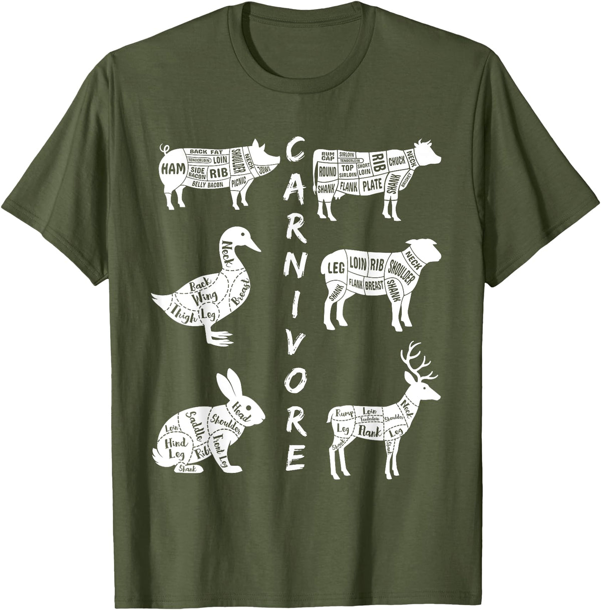The Carnivore Carnivore - Cow Pig Duck Lamb Rabbit Deer T-Shirt - Olive Green