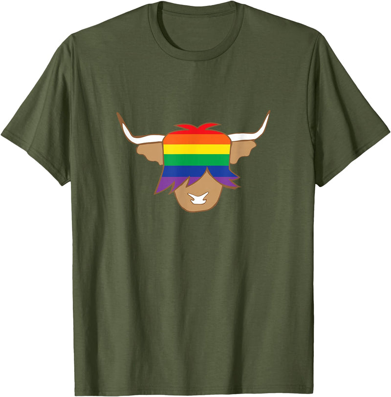 Ayeland co Cute Gay Pride Shirt LGBT flag scottish highland cow t shirt T-Shirt - Olive Green