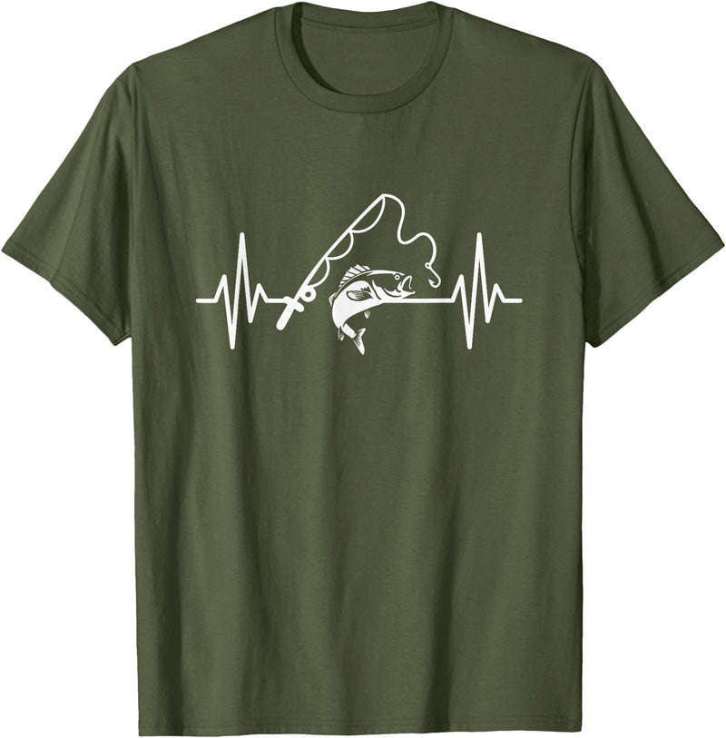 Fisherman Angler Fishing Gifts Angler Heartbeat Fishing Rod Fisherman T-Shirt - Olive Green