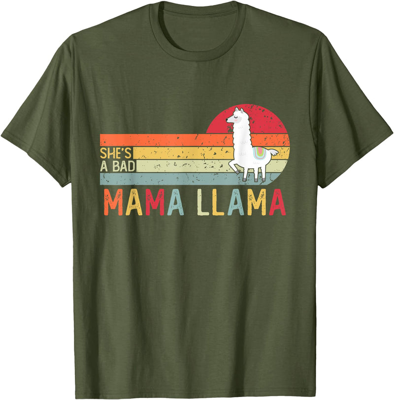 Shes A Bad Mama Llama Funny Mothers Day Tees Vintage Retro Llama Men Women Mothers She's a Bad Mama Llama T-Shirt - Olive Green