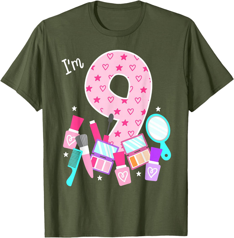 Birthday Girl Spa Squad Outfit Gifts Shop Spa Birthday Party I'm 9 Girls Makeup 9th Bday Kids Toddlers T-Shirt - Olive Green