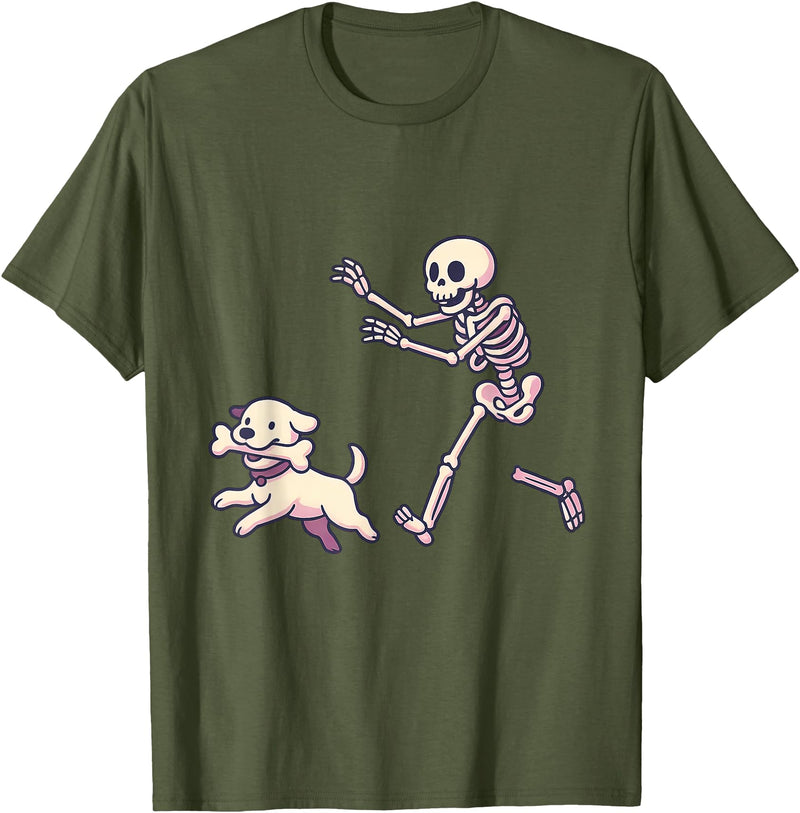 Funny Skeleton Dog Bone Halloween Kawaii Dog Steals Bone from Skeleton Running Halloween T-Shirt - Olive Green