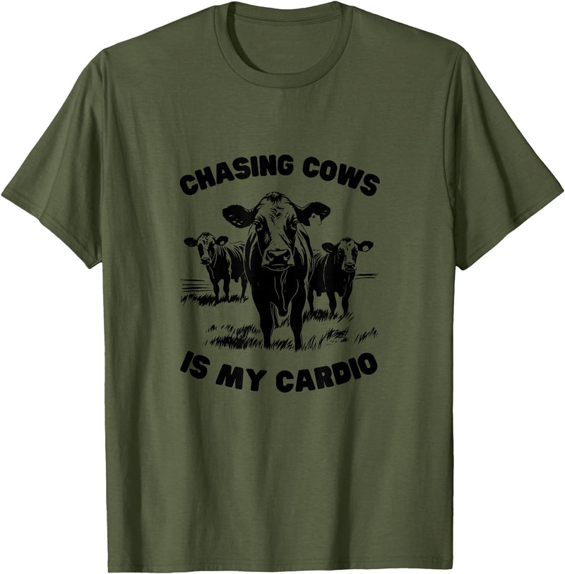 Farm Life Apparel & Gifts CHASING COWS IS MY CARDIO - Fun Farming T-Shirt - Olive Green