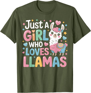 Funny Adorable Llama Lover Just a Girl Who Loves Cute Llamas Gifts for Girls Kids T-Shirt - Olive Green