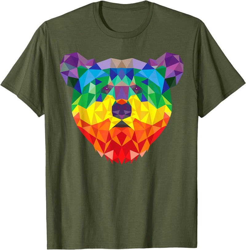 Bear Gay Pride Novelty by Ryan Co. Geometric Bear LGBT Rainbow Flag Gay Pride Men Women T-Shirt - Olive Green