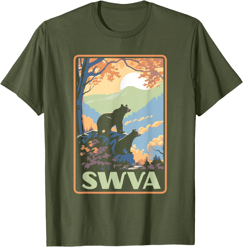 Giant Step Design Co. SWVA Southwest Virginia Black Bears Vintage Parks Poster T-Shirt - Olive Green
