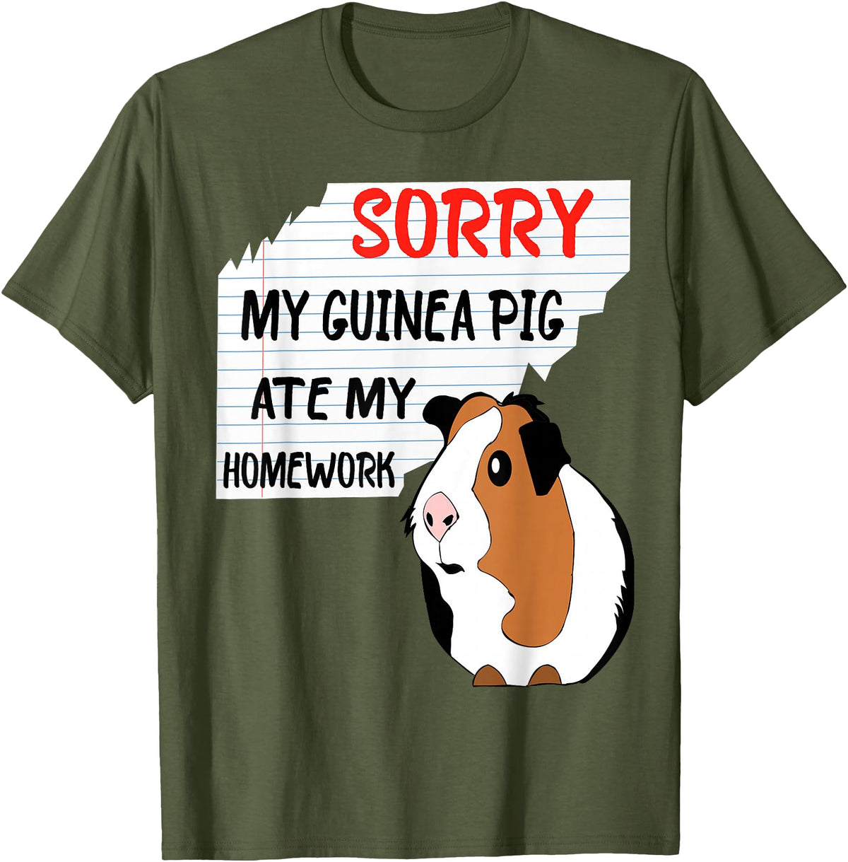 Funny Back to School Sorry My Guinea Pig Ate My Homework School Funny Guinea Pig T-Shirt - Olive Green