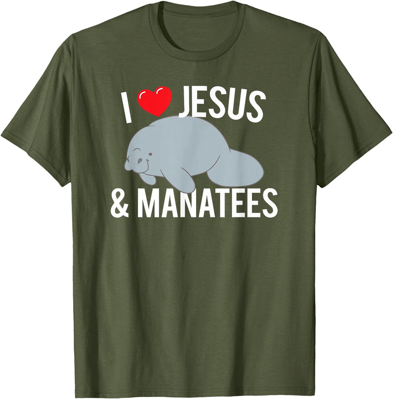 Sea Cows Tees I Love Jesus and Manatees, Cute Christian Manatee T Shirt T-Shirt - Olive Green