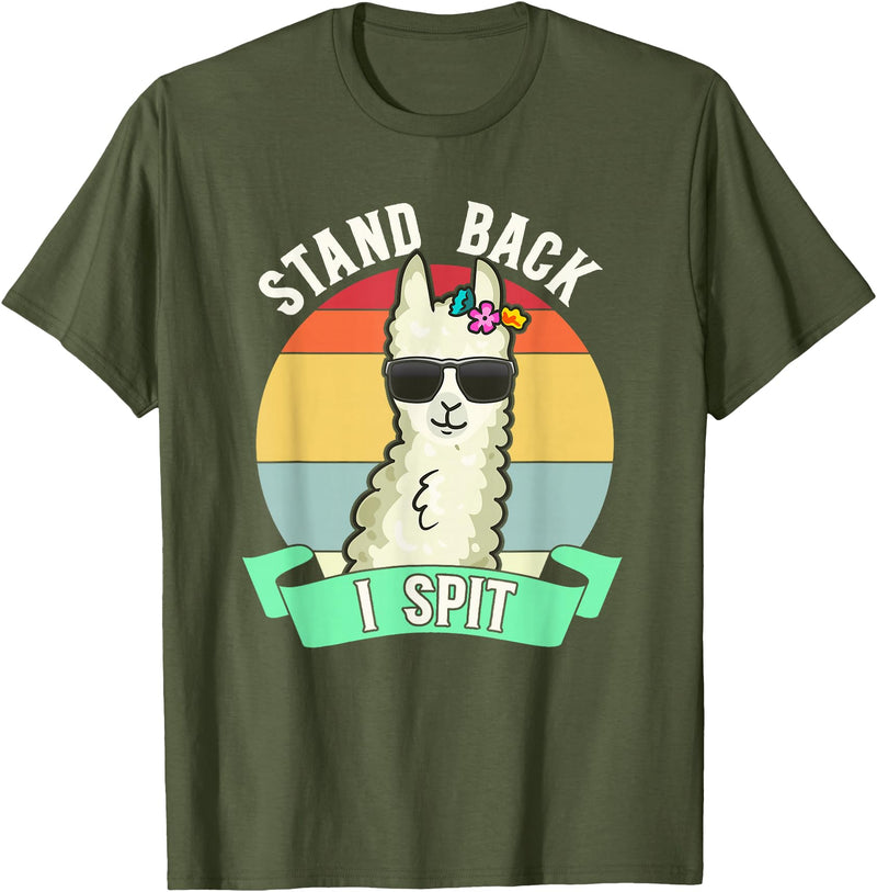 Retro Sunset Llama Spitter Joke Girls Boys Toddler Funny Llama Lover Stand Back I Spit Cute Llamas Spitting Pet T-Shirt - Olive Green