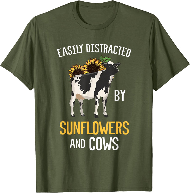 Funny Gift Idea for Sunflower and Cow Lovers Easily Distracted By Sunflowers and Cows T-Shirt - Olive Green