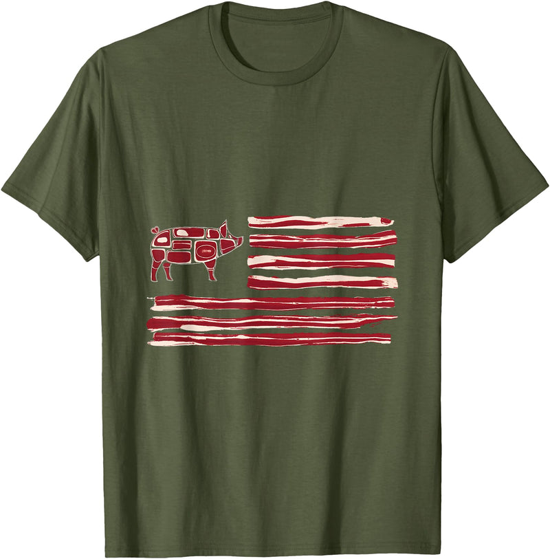 Bacon Lovers BBQ Grill Pork Pig Bacon Flag Pig American Patriot Cooking Grill T-Shirt - Olive Green