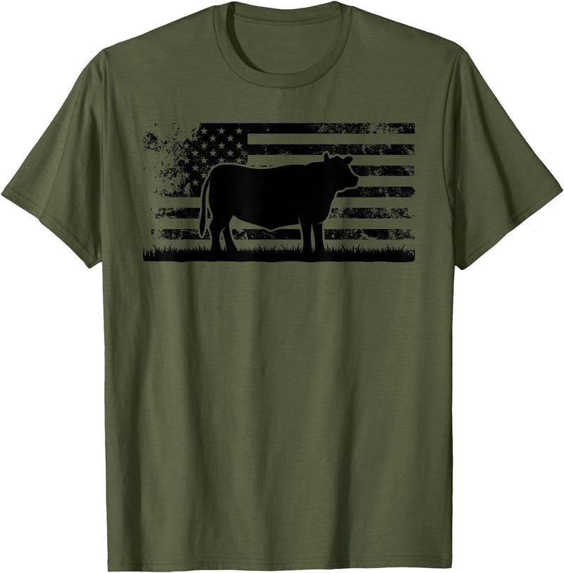 Funny Red Angus Rancher Gift for Cattle Lover USA American Flag - America Cow Red Angus Rancher T-Shirt - Olive Green