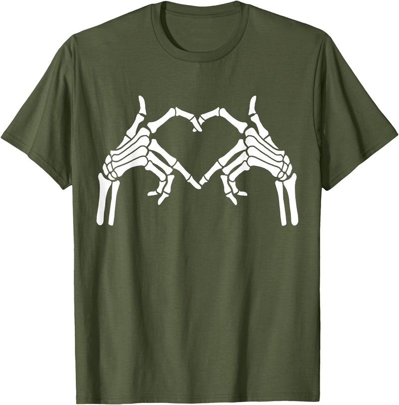 Skeleton Hand Halloween Trendy Novelty Graphic Art Skeleton Hands Heart Sign Halloween Tops T-Shirt - Olive Green