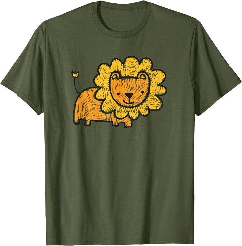 Animal Collection. Cute Lion Shirt Funny Kids Animal Drawing T-Shirt - Olive Green