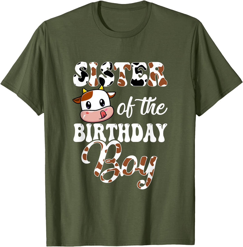 Love Family Matching Sister Of The Birthday Boy Cow Farm 1St Birthday Boy T-Shirt - Olive Green