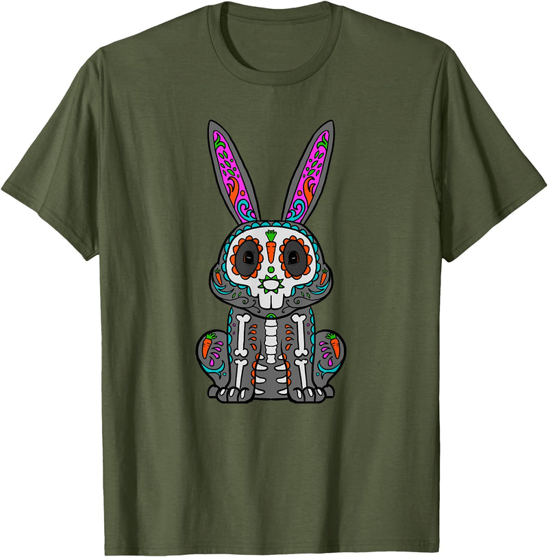 Rabbit Day of Dead Mexican Bunny Lover Rabbit Sugar Skull T-Shirt in Olive Green